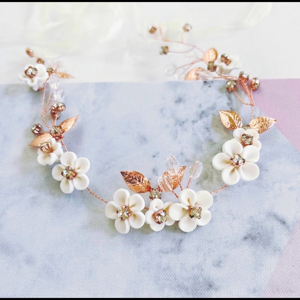 Rose Gold White Floral & Crystal Hair Vine with Organza Ribbon